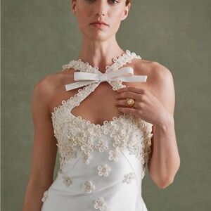 Alexandra Pijut DELPHINE DRESS IN IVORY SILK WOOL WITH FLORAL APPLIQUÉ